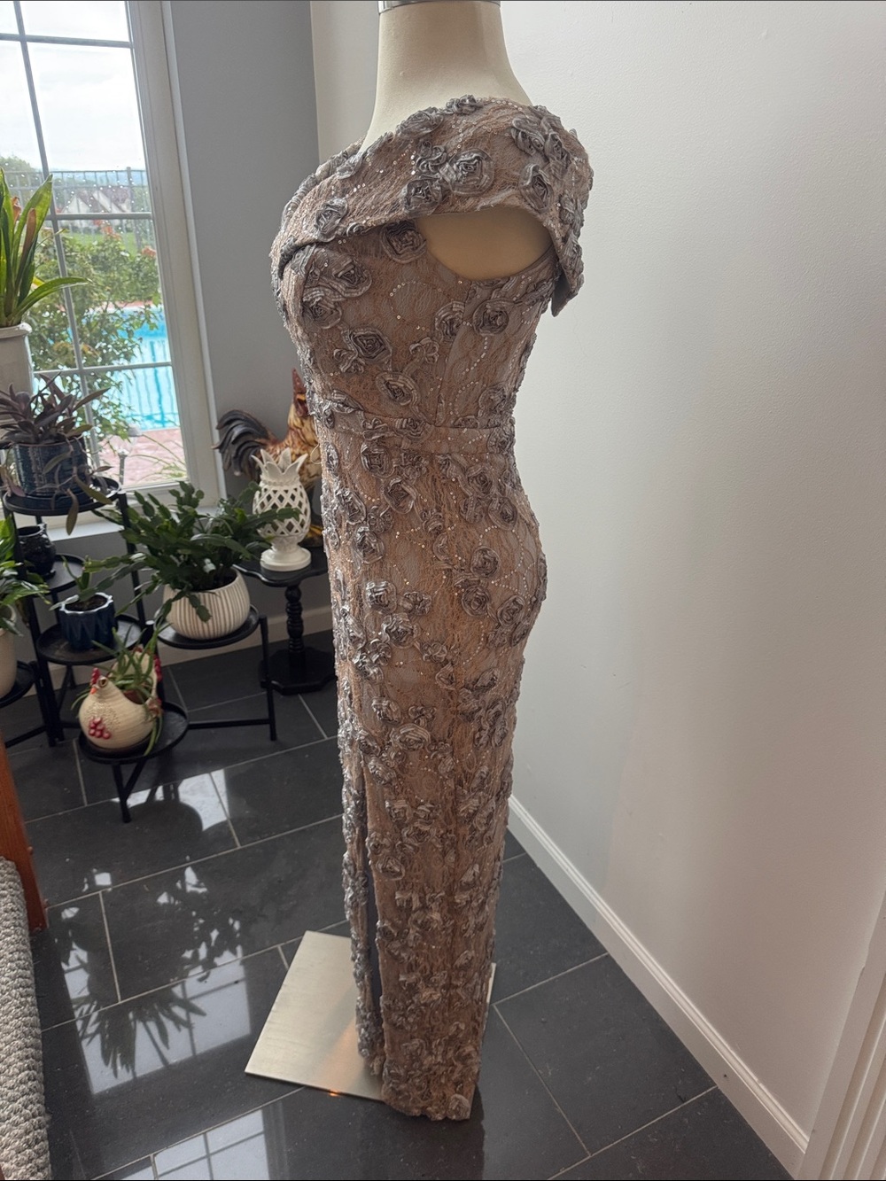 Xscape Nude-Beige Beaded Floral Maxi Dress with Front Slit - Picture 2 of 9